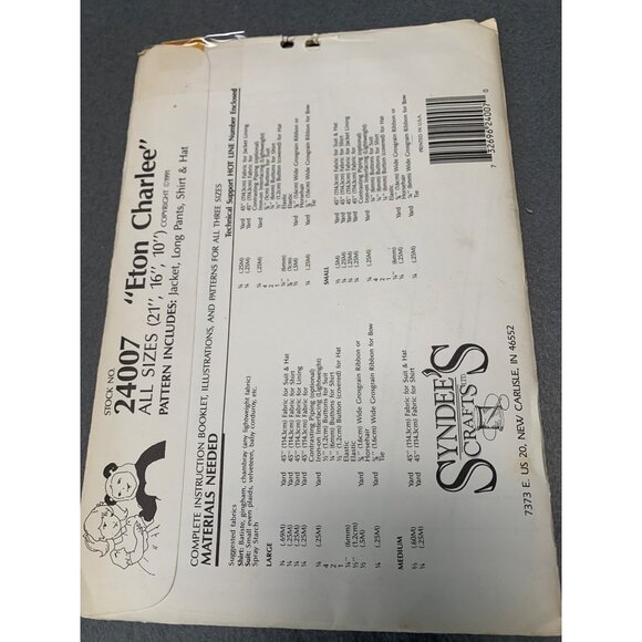 Syndees Crafts Eton Charlee 10" 16" 21" Vintage 1990s Sewing Pattern Jacket Long - Picture 2 of 2